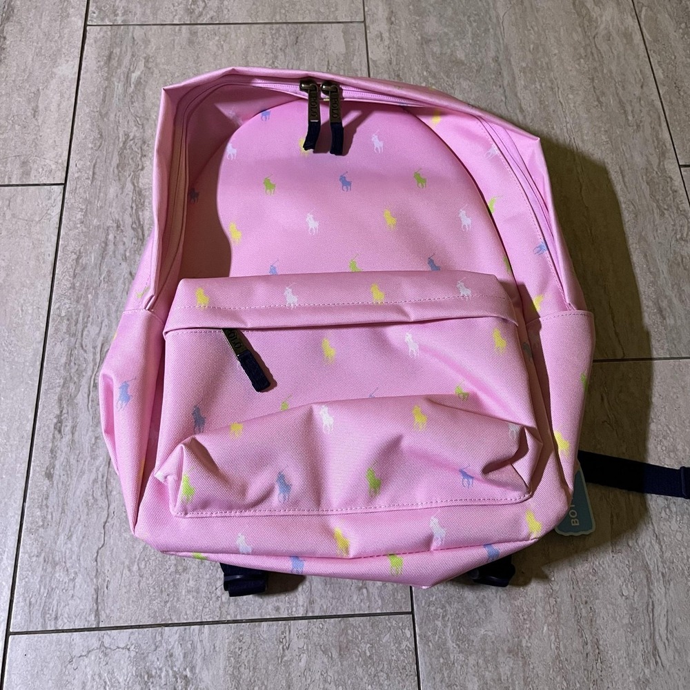 Polo Ralph Lauren Pink 17" Backpack Girls Allover Pony Print Bottle Pocket Bag
